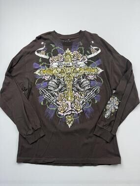 Miami Ink Shirt Mens XL Brown Long Sleeve Skull Rose Graphic Tee Tattoo Gothic